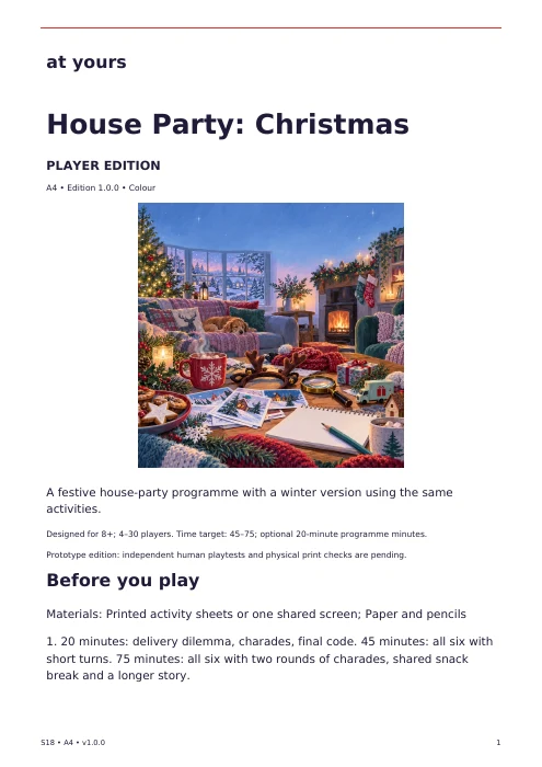 Actual first page of the House Party: Christmas player edition, with introduction and preparation instructions.