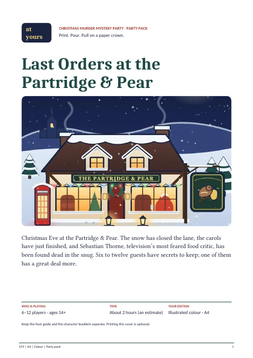 Actual first page of the Last Orders at the Partridge & Pear player edition, with introduction and preparation instructions.