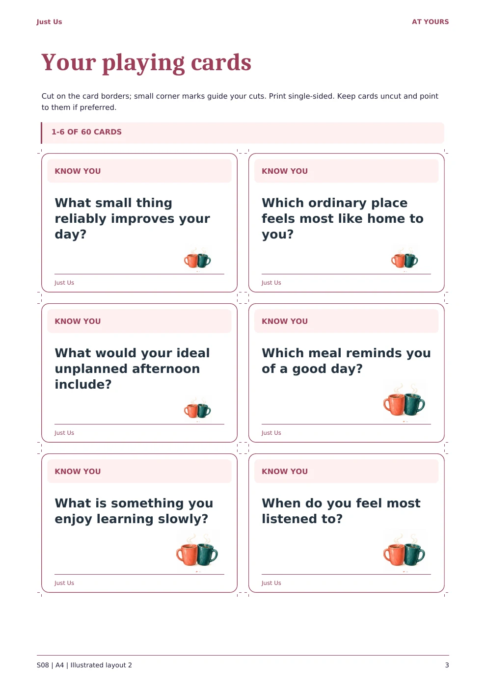 An actual page of the Just Us printable conversation game