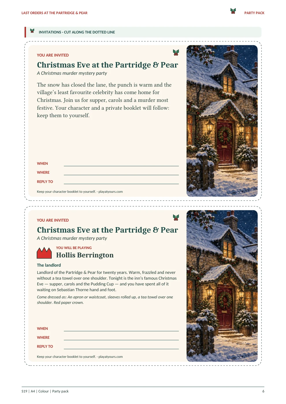 A printable invitation from the party pack: page 6 of the Last Orders at the Partridge & Pear player PDF