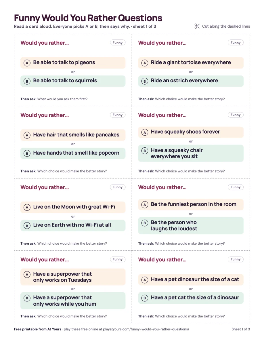 The first printed sheet: eight would you rather question cards with dashed cut lines
