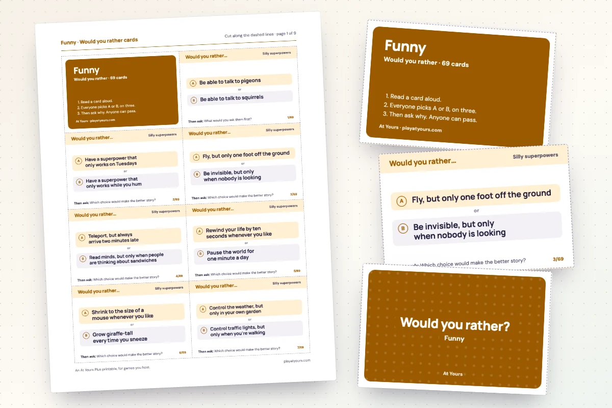 A printed sheet of would you rather cards from the Funny deck, with dashed cut lines, beside its cover card and a card back