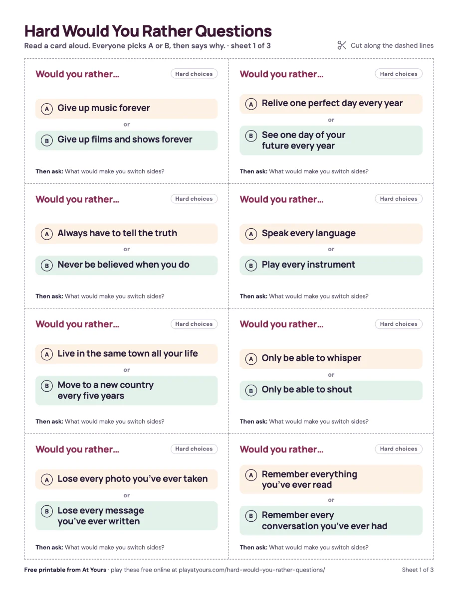 The first printed sheet: eight would you rather question cards with dashed cut lines