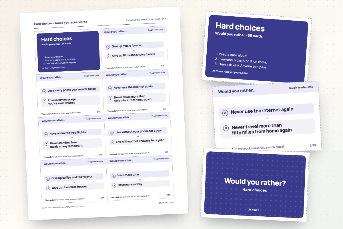 A printed sheet of would you rather cards from the Hard choices deck, with dashed cut lines, beside its cover card and a card back