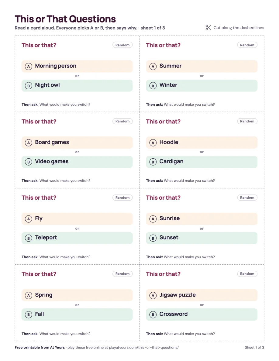 The first printed sheet: eight this or that question cards with dashed cut lines