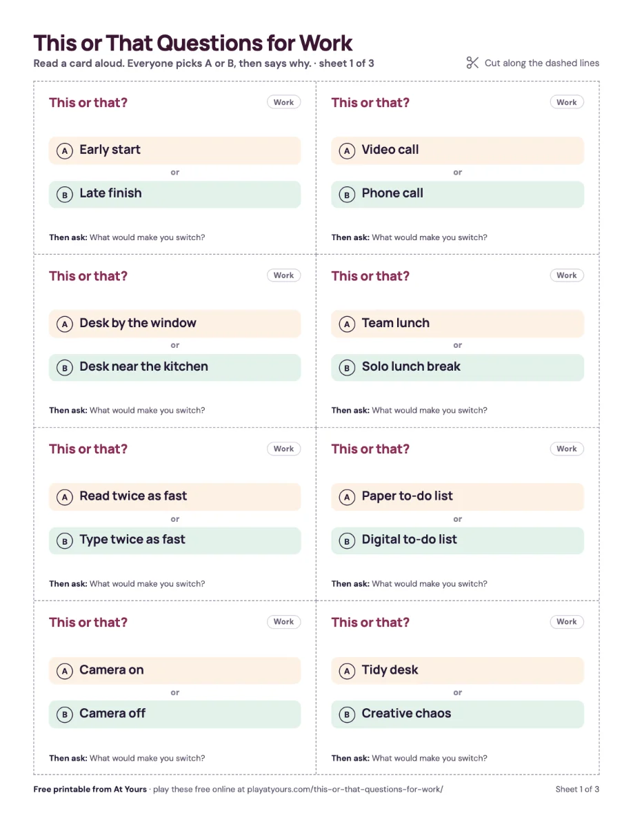 The first printed sheet: eight this or that question cards with dashed cut lines