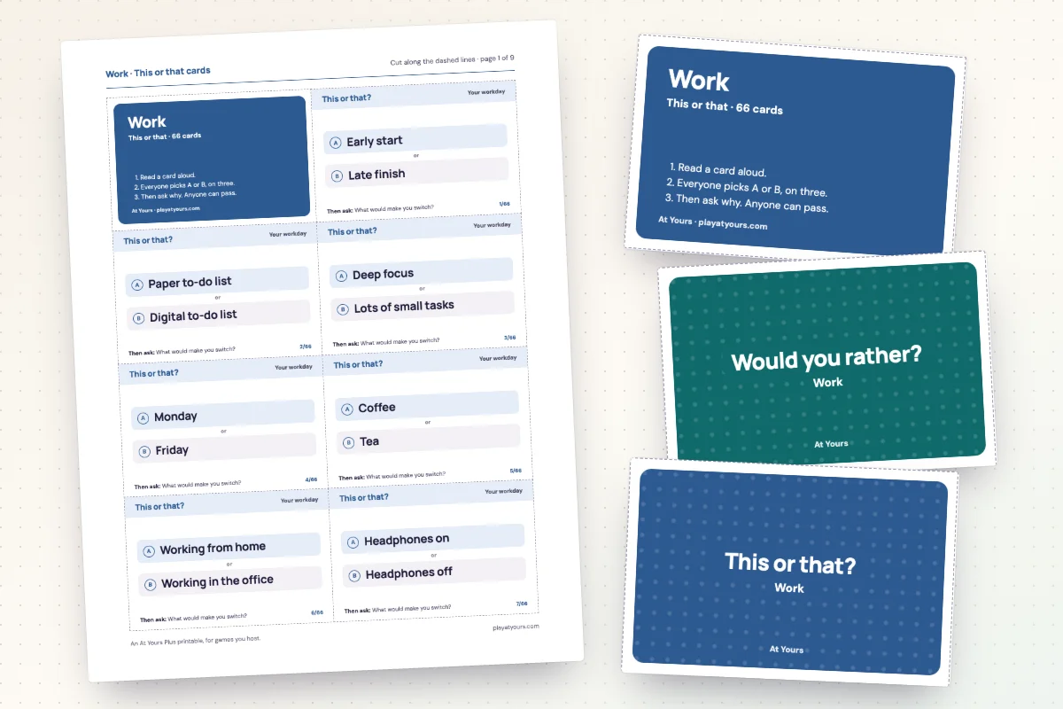 A printed sheet of this or that cards from the Work deck, with dashed cut lines, beside its cover card and a card back