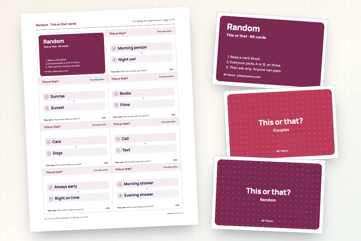 A printed sheet of this or that cards from the Random deck, with dashed cut lines, beside its cover card and a card back