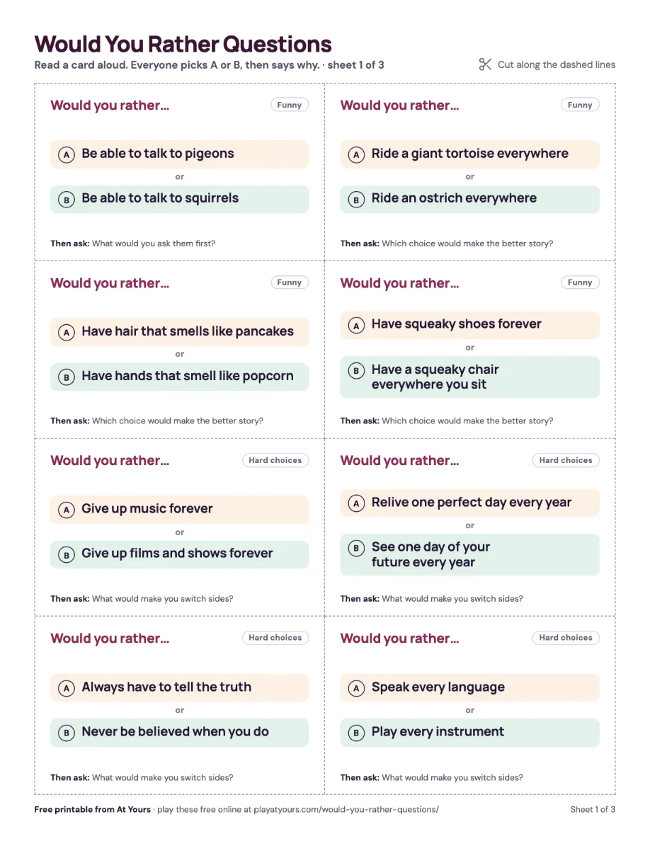 The first printed sheet: eight would you rather question cards with dashed cut lines