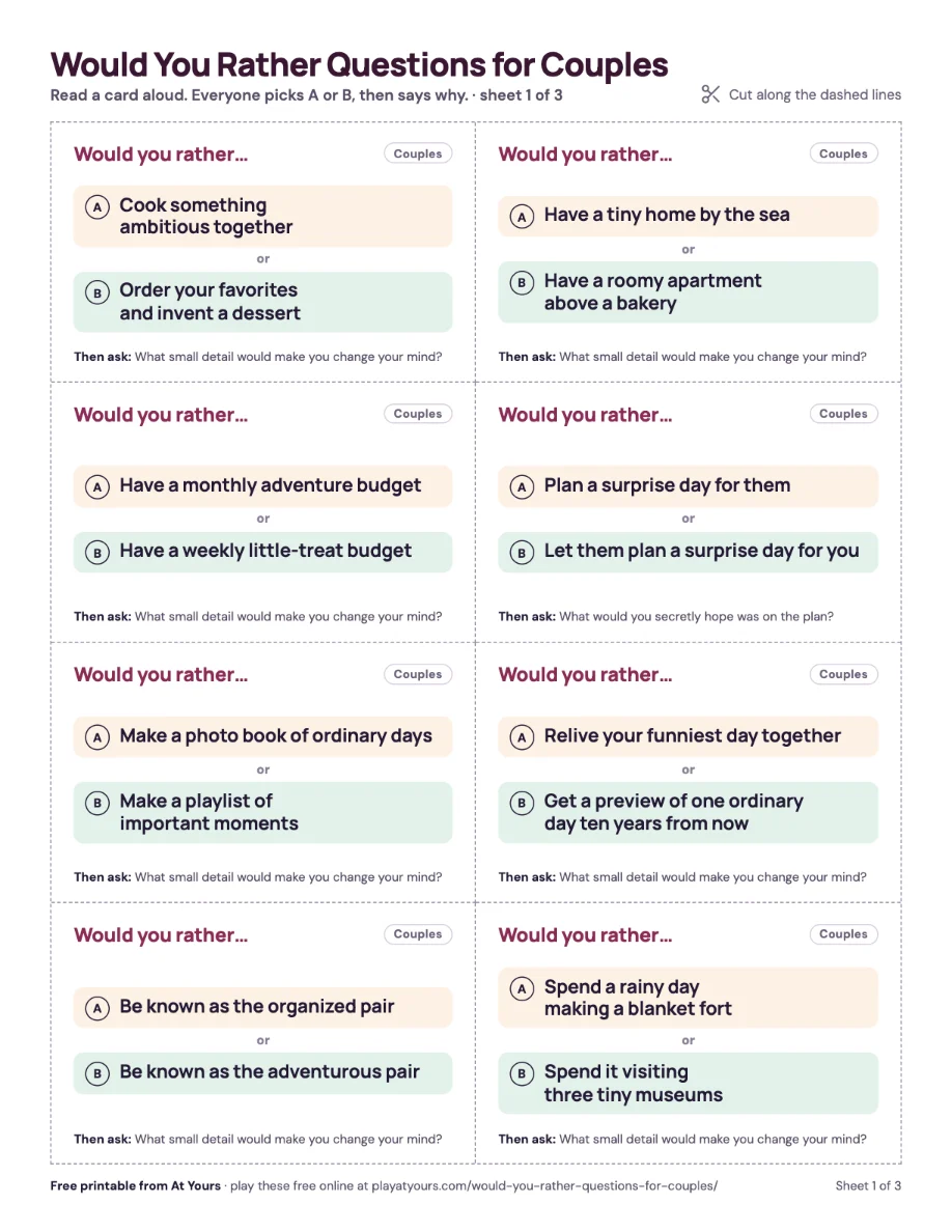 The first printed sheet: eight would you rather question cards with dashed cut lines