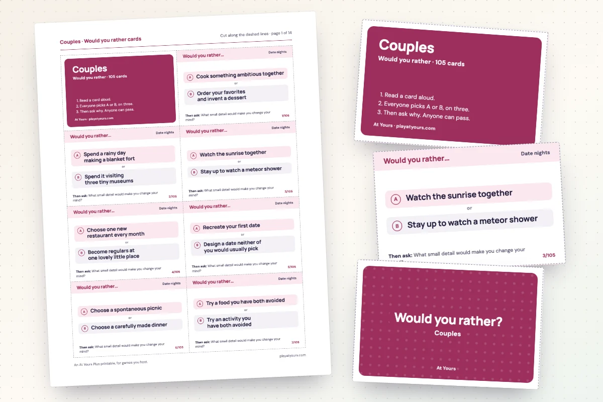 A printed sheet of would you rather cards from the Couples deck, with dashed cut lines, beside its cover card and a card back