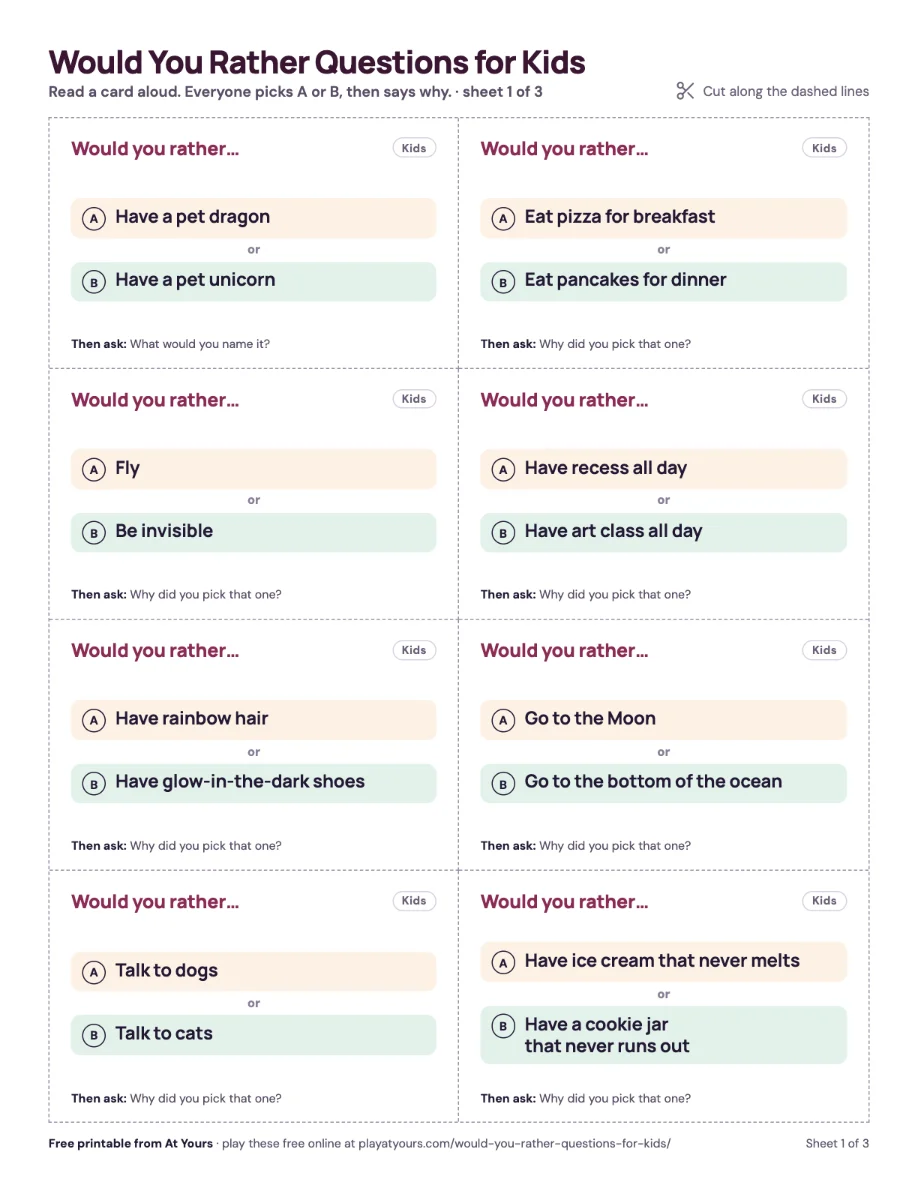 The first printed sheet: eight would you rather question cards with dashed cut lines
