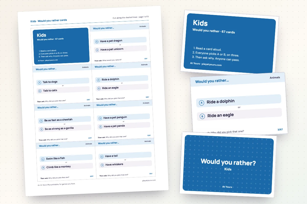A printed sheet of would you rather cards from the Kids deck, with dashed cut lines, beside its cover card and a card back