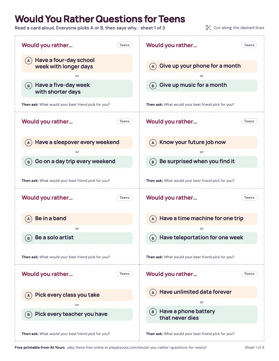 The first printed sheet: eight would you rather question cards with dashed cut lines
