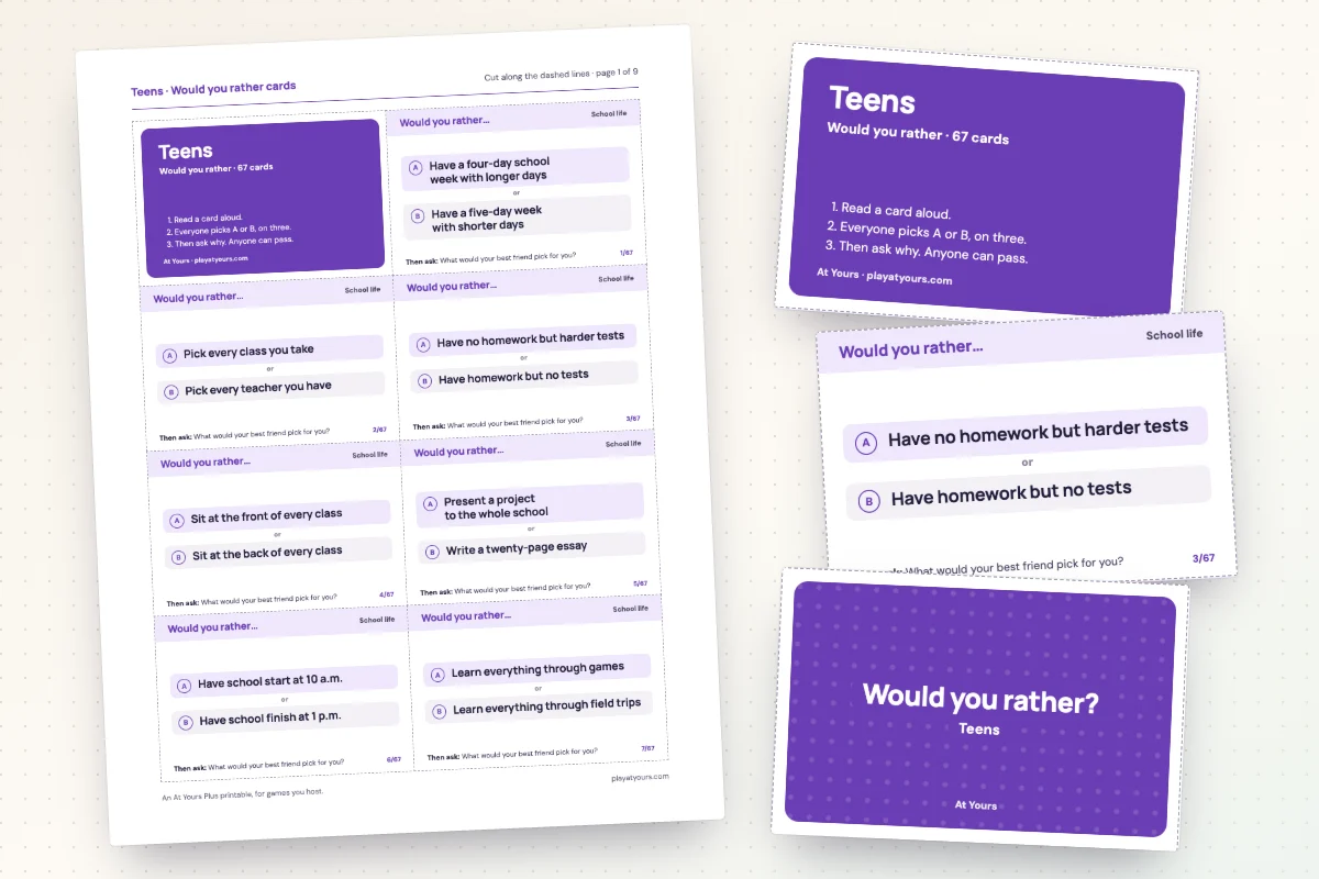A printed sheet of would you rather cards from the Teens deck, with dashed cut lines, beside its cover card and a card back