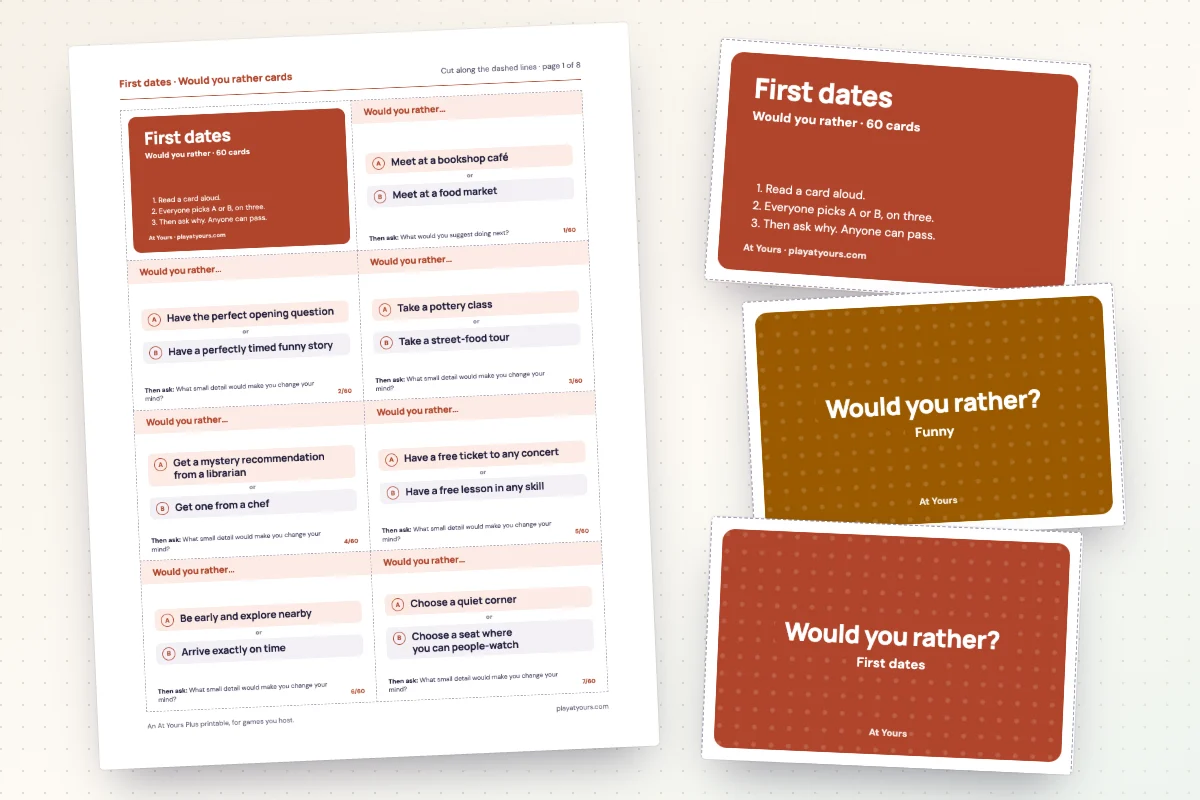A printed sheet of would you rather cards from the First dates deck, with dashed cut lines, beside its cover card and a card back