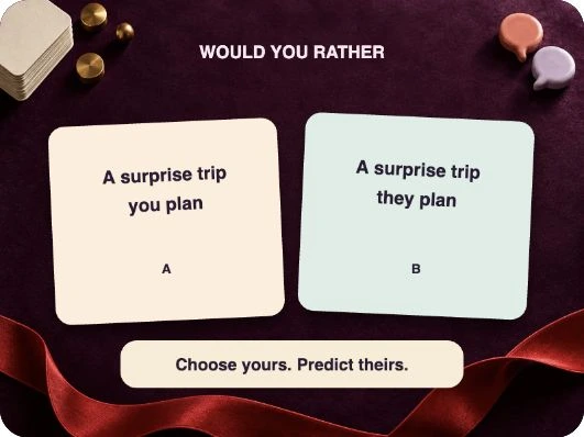 Two sculpted choice cards with a shared prediction reveal